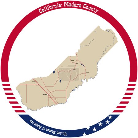 Ilustración de Mapa de Condado de Madera en California, Estados Unidos arreglado en círculo. - Imagen libre de derechos