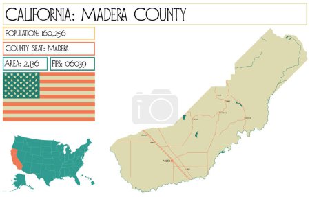 Ilustración de Mapa grande y detallado del condado de Madera en California, Estados Unidos
. - Imagen libre de derechos