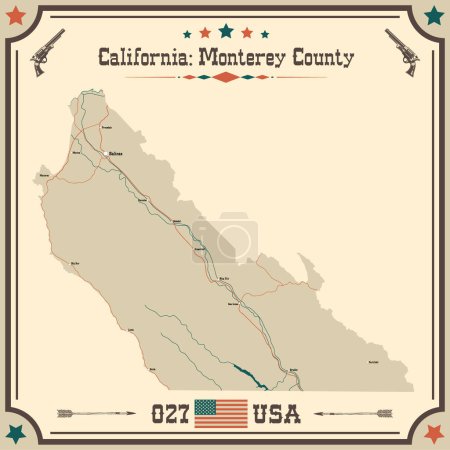 Ilustración de Mapa grande y preciso del Condado de Monterey, California, Estados Unidos con colores vintage. - Imagen libre de derechos