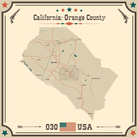 Ilustración de Mapa grande y preciso de Orange County, California, USA con colores vintage. - Imagen libre de derechos