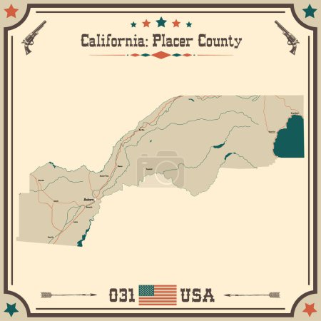 Ilustración de Mapa grande y preciso del Condado de Placer, California, Estados Unidos con colores vintage. - Imagen libre de derechos