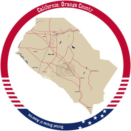 Ilustración de Mapa de Condado de Orange en California, Estados Unidos arreglado en círculo. - Imagen libre de derechos
