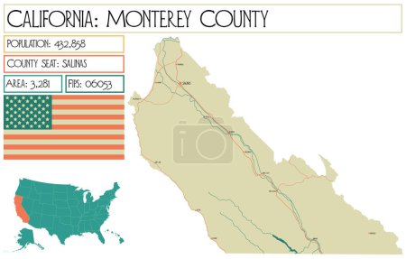 Ilustración de Mapa grande y detallado del condado de Monterey en California, Estados Unidos
. - Imagen libre de derechos