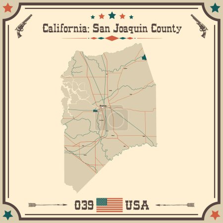 Ilustración de Mapa grande y preciso del Condado de San Joaquín, California, Estados Unidos con colores vintage. - Imagen libre de derechos
