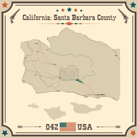 Ilustración de Mapa grande y preciso del Condado de Santa Barbara, California, Estados Unidos con colores vintage. - Imagen libre de derechos