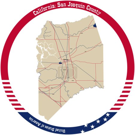 Ilustración de Mapa de Condado de San Joaquín en California, Estados Unidos arreglado en círculo. - Imagen libre de derechos