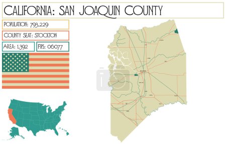 Illustration for Large and detailed map of San Joaquin County in California, USA. - Royalty Free Image