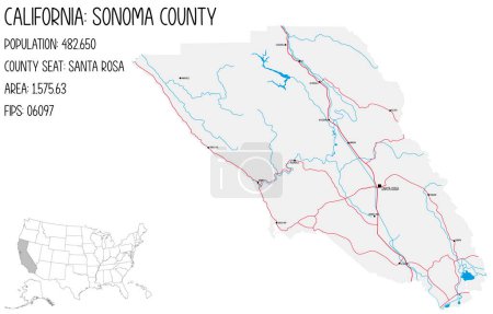 Illustration for Large and detailed map of Sonoma County in California, USA. - Royalty Free Image