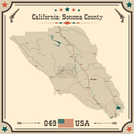 Ilustración de Mapa grande y preciso del Condado de Sonoma, California, Estados Unidos con colores vintage. - Imagen libre de derechos