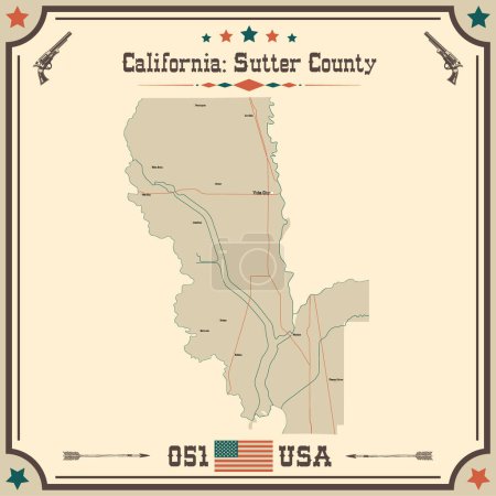 Téléchargez les illustrations : Grande et précise carte de Sutter County, Californie, États-Unis d'Amérique avec des couleurs vintage. - en licence libre de droit