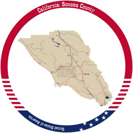Illustration for Map of Sonoma County in California, USA arranged in a circle. - Royalty Free Image