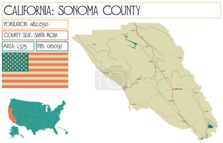 Ilustración de Mapa grande y detallado del condado de Sonoma en California, Estados Unidos. - Imagen libre de derechos