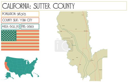 Téléchargez les illustrations : Grande carte détaillée de Comté de Sutter en Californie USA. - en licence libre de droit