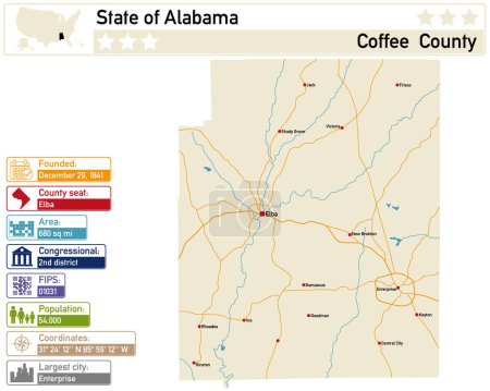 Illustration for Detailed infographic and map of Coffee County in Alabama USA. - Royalty Free Image