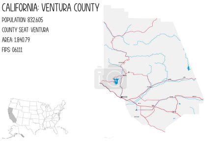 Illustration for Large and detailed map of Ventura County in California, USA. - Royalty Free Image