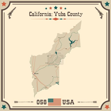 Téléchargez les illustrations : Grande et précise carte de Yuba County, Californie, États-Unis d'Amérique avec des couleurs vintage. - en licence libre de droit