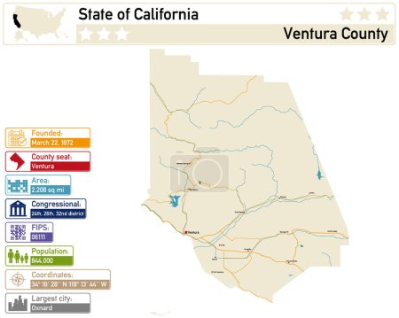 Ilustración de Infografía detallada y mapa de Ventura County en California Estados Unidos. - Imagen libre de derechos