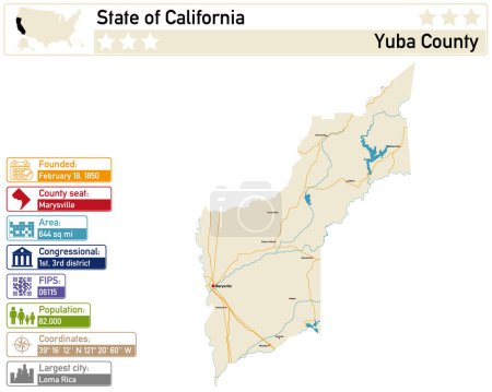 Téléchargez les illustrations : Infographie détaillée et carte du comté de Yuba en Californie USA. - en licence libre de droit