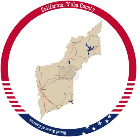 Téléchargez les illustrations : Carte du comté de Yuba en Californie, États-Unis, disposée en cercle. - en licence libre de droit