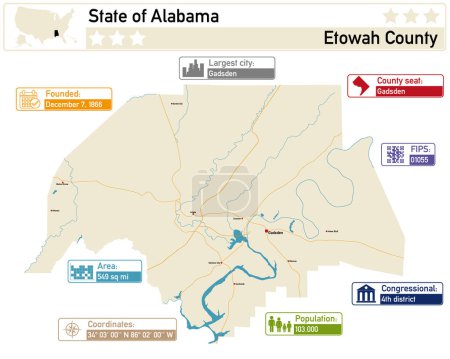 Téléchargez les illustrations : Infographie détaillée et carte du comté d'Etowah en Alabama USA. - en licence libre de droit