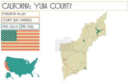 Téléchargez les illustrations : Grande et détaillée carte du comté de Yuba en Californie USA. - en licence libre de droit