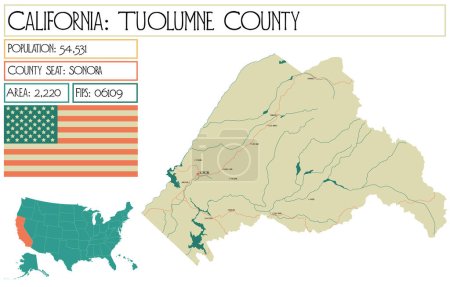 Illustration for Large and detailed map of Tuolumne County in California USA. - Royalty Free Image