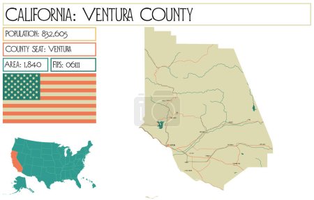 Ilustración de Mapa grande y detallado del condado de Ventura en California, Estados Unidos. - Imagen libre de derechos