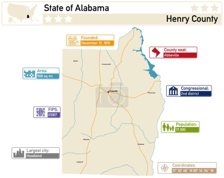 Téléchargez les illustrations : Infographie détaillée et carte du comté de Henry en Alabama USA. - en licence libre de droit