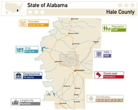 Illustration for Detailed infographic and map of Hale County in Alabama USA. - Royalty Free Image