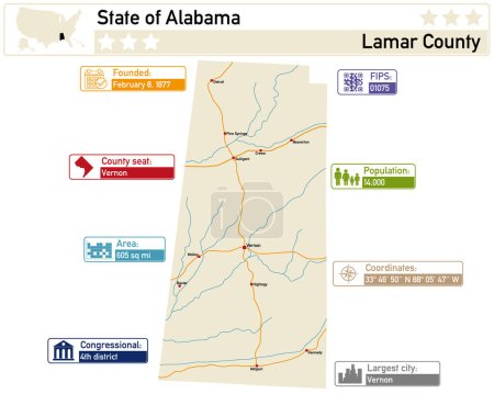 Téléchargez les illustrations : Infographie détaillée et carte du comté de Lamar en Alabama USA. - en licence libre de droit