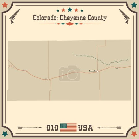 Téléchargez les illustrations : Grande et précise carte de Cheyenne Comté, Colorado, États-Unis d'Amérique avec des couleurs vintage. - en licence libre de droit