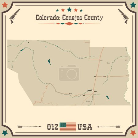 Illustration for Large and accurate map of Conejos County, Colorado, USA with vintage colors. - Royalty Free Image