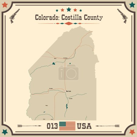 Illustration for Large and accurate map of Costilla County, Colorado, USA with vintage colors. - Royalty Free Image