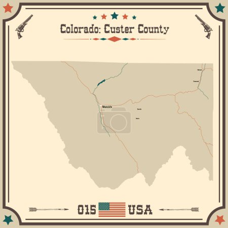 Illustration for Large and accurate map of Custer County, Colorado, USA with vintage colors. - Royalty Free Image