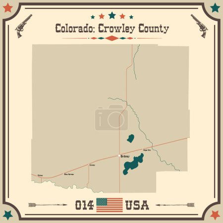 Ilustración de Mapa grande y preciso del Condado de Crowley, Colorado, Estados Unidos con colores vintage. - Imagen libre de derechos