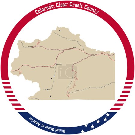 Illustration for Map of Clear Creek County in Colorado, USA arranged in a circle. - Royalty Free Image