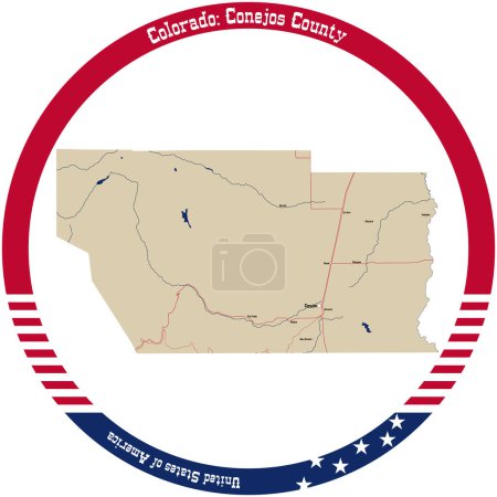 Illustration for Map of Conejos County in Colorado, USA arranged in a circle. - Royalty Free Image