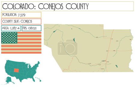 Illustration for Large and detailed map of Conejos County in Colorado USA. - Royalty Free Image