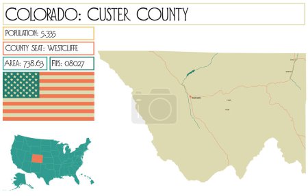 Illustration for Large and detailed map of Custer County in Colorado USA. - Royalty Free Image