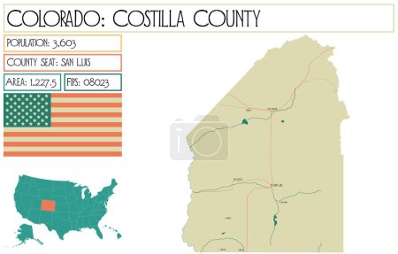 Illustration for Large and detailed map of Costilla County in Colorado USA. - Royalty Free Image