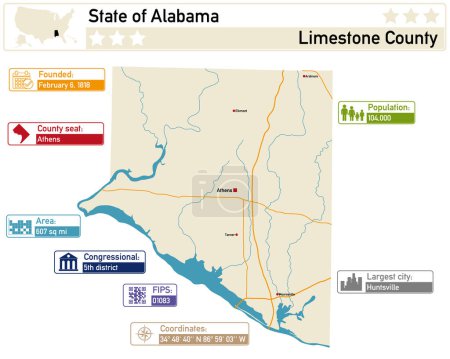 Illustration for Detailed infographic and map of Limestone County in Alabama USA. - Royalty Free Image
