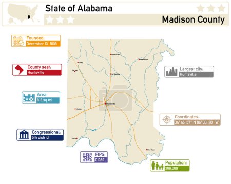 Illustration for Detailed infographic and map of Madison County in Alabama USA. - Royalty Free Image