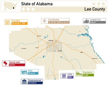 Illustration for Detailed infographic and map of Lee County in Alabama USA. - Royalty Free Image