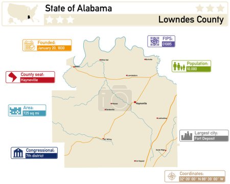 Illustration for Detailed infographic and map of Lowndes County in Alabama USA. - Royalty Free Image