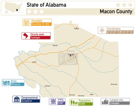 Illustration for Detailed infographic and map of Macon County in Alabama USA. - Royalty Free Image