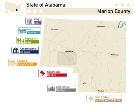 Illustration for Detailed infographic and map of Marshall County in Alabama USA. - Royalty Free Image