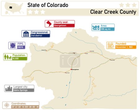 Illustration for Detailed infographic and map of Clear Creek County in Colorado USA. - Royalty Free Image