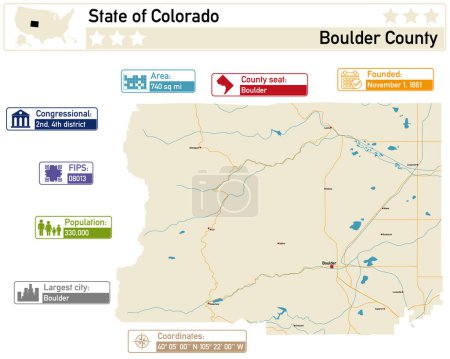Illustration for Detailed infographic and map of Boulder County in Colorado USA. - Royalty Free Image