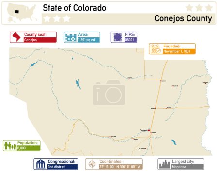 Illustration for Detailed infographic and map of Conejos County in Colorado USA. - Royalty Free Image