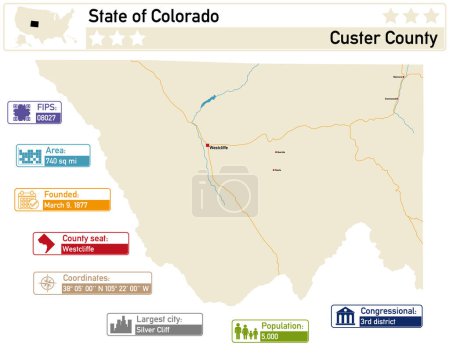 Ilustración de Infografía detallada y mapa de Custer County en Colorado Estados Unidos. - Imagen libre de derechos